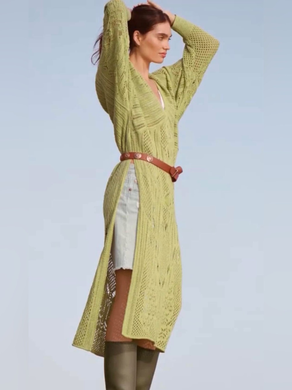 Anthropologie Green Knit V Neck Slit Side Tunic Sweater